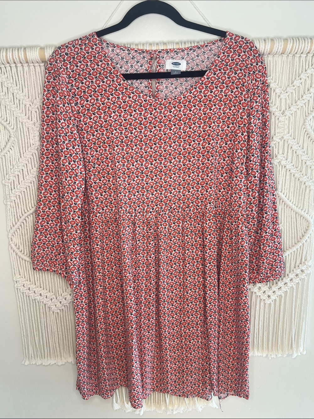 Old Navy Coral Red Floral Tiered Long Sleeve Dress